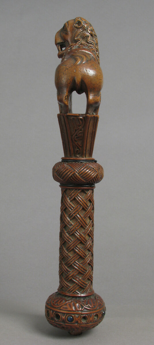 Head of Staff, Wood, stain, glass cabochon, metal wire, copper alloy settings, Italian