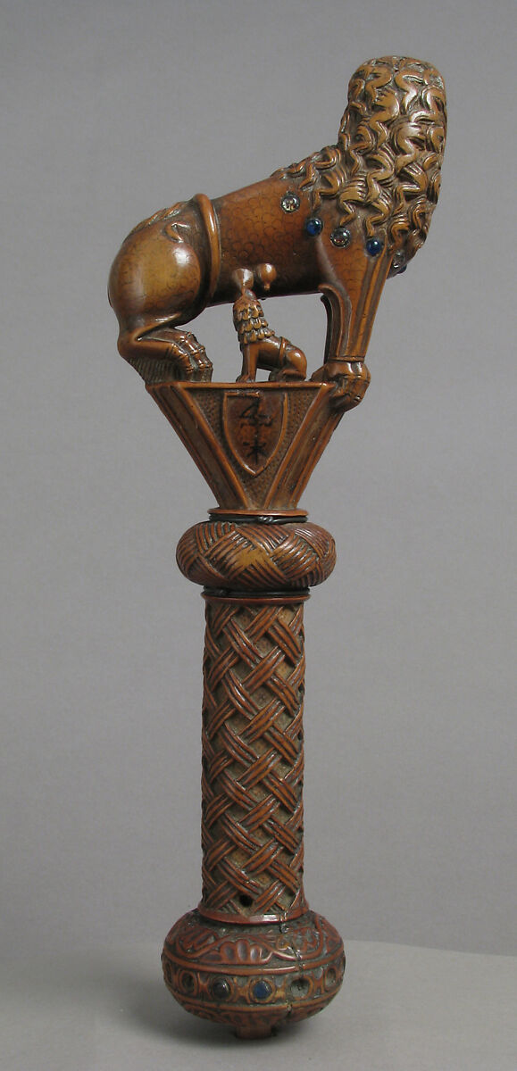 Head of Staff, Wood, stain, glass cabochon, metal wire, copper alloy settings, Italian