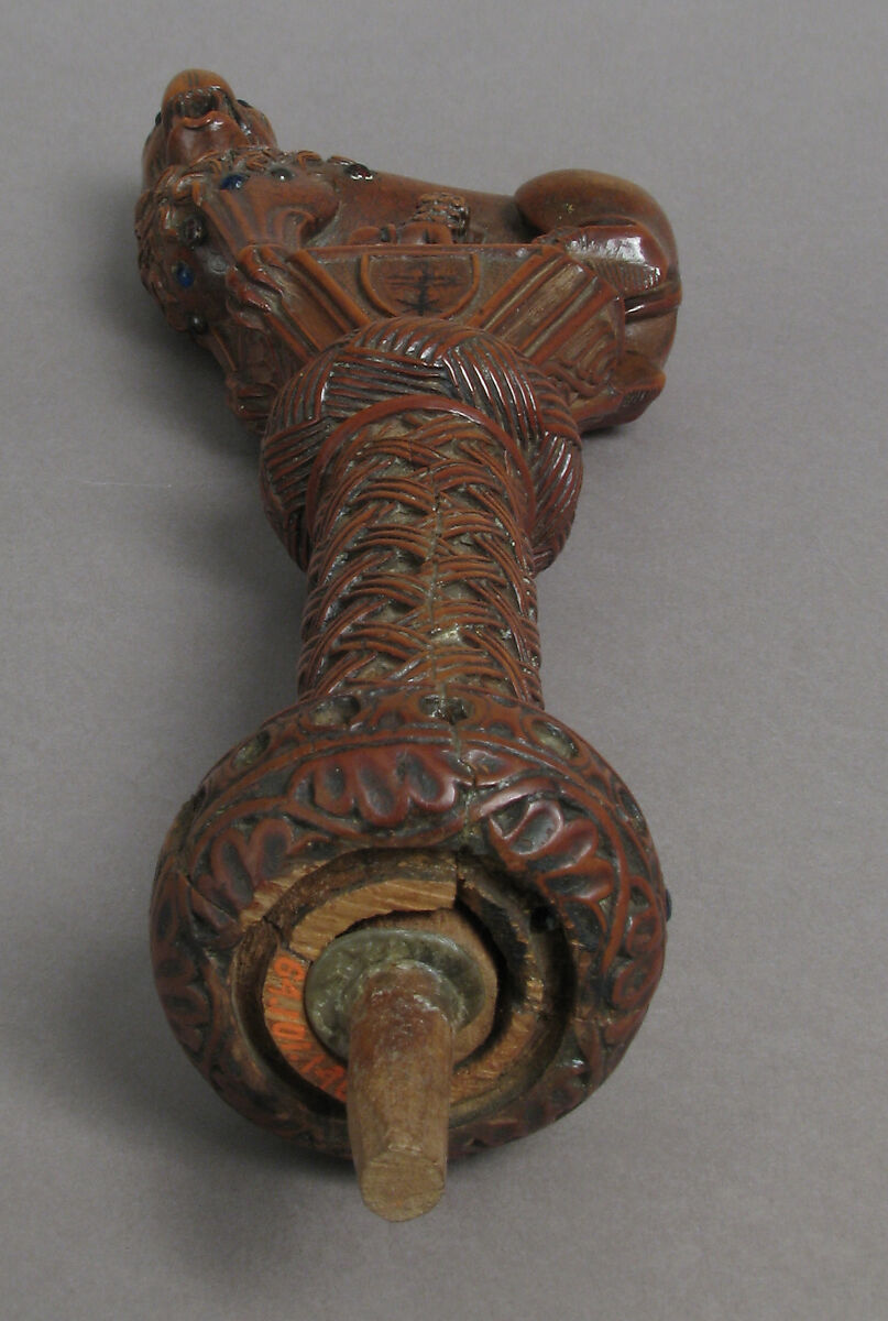 Head of Staff, Wood, stain, glass cabochon, metal wire, copper alloy settings, Italian