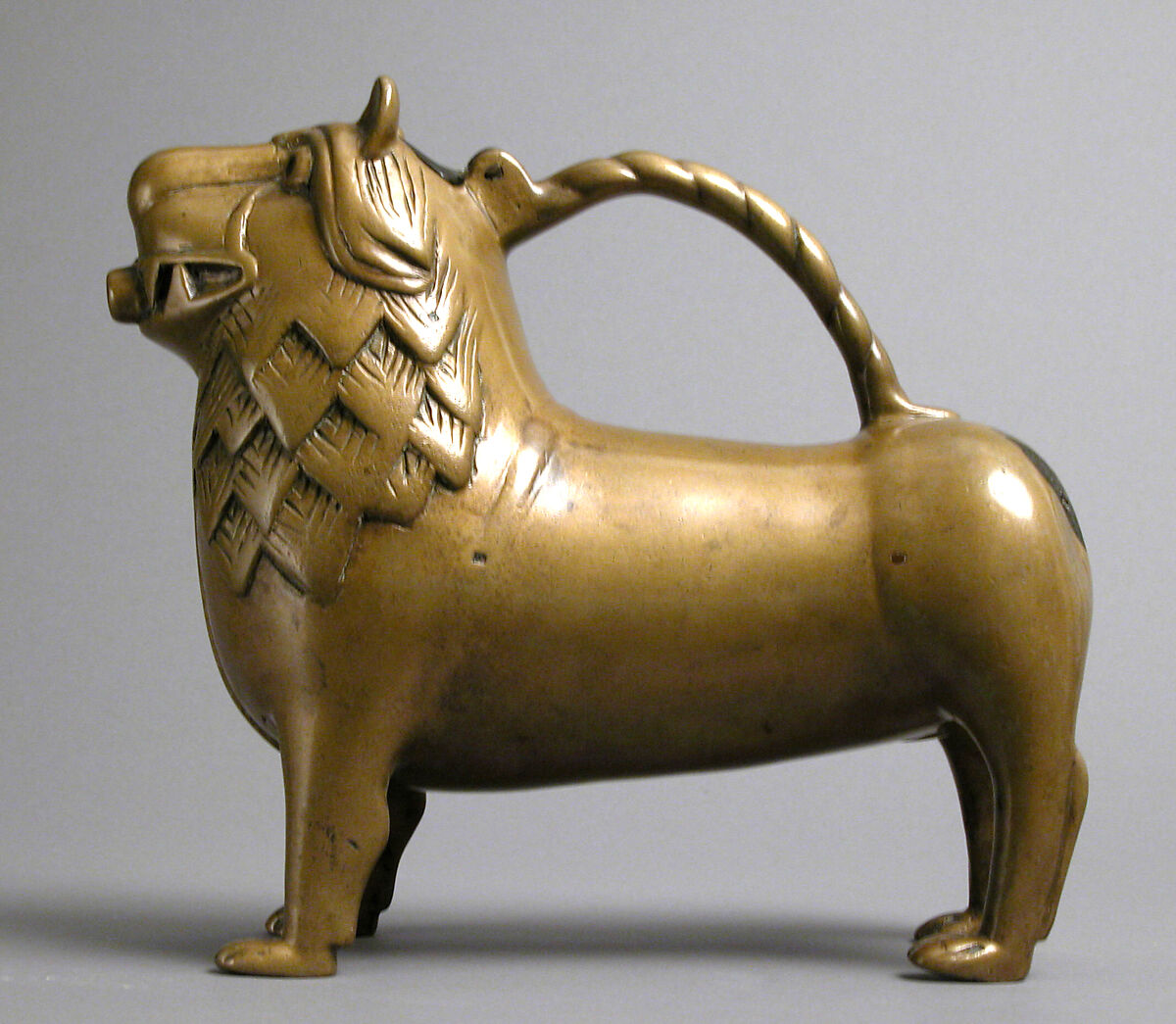 Aquamanile in the Form of a Lion, Copper alloy, glass inlays, North German