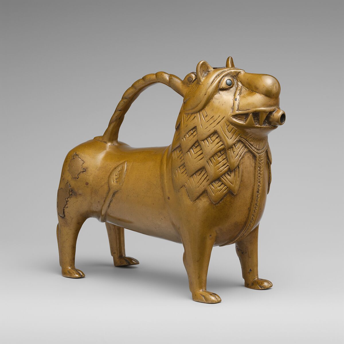 Aquamanile in the Form of a Lion, Copper alloy, glass inlays, North German 