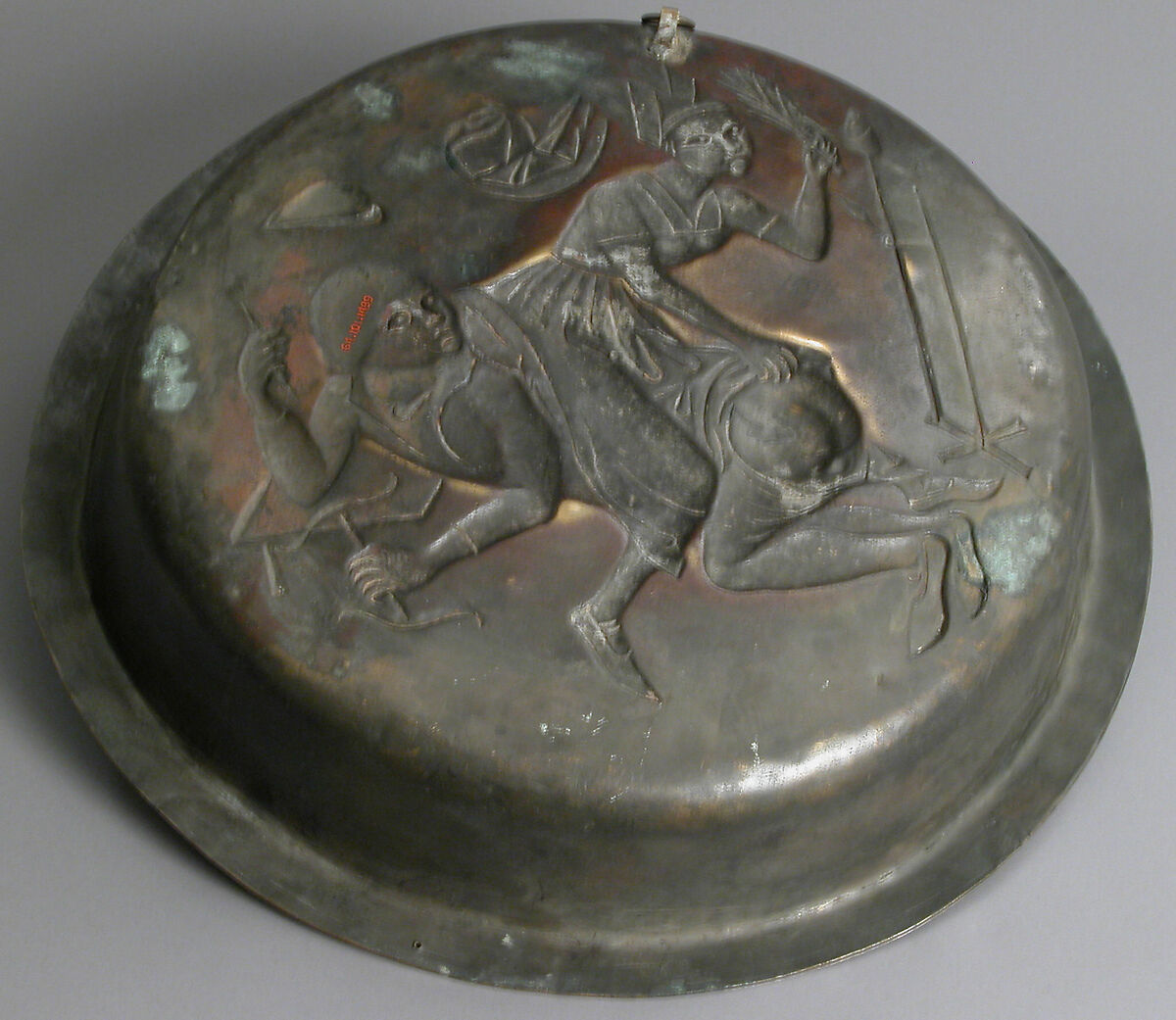 Plate with Wife Beating Husband, Copper alloy, wrought, Netherlandish