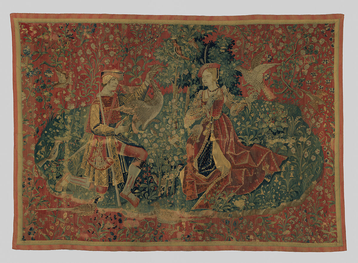 Huntsman Presenting a Captured Heron to a Lady Falconer, Wool warp;  wool and silk wefts, South Netherlandish 