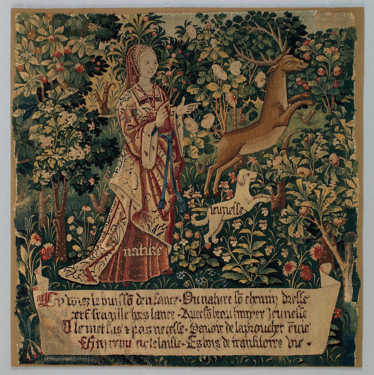 Nature Sets Her Hound Youth after the Stag (from The Hunt of the Frail Stag), Wool warp, wool and silk wefts, South Netherlandish 