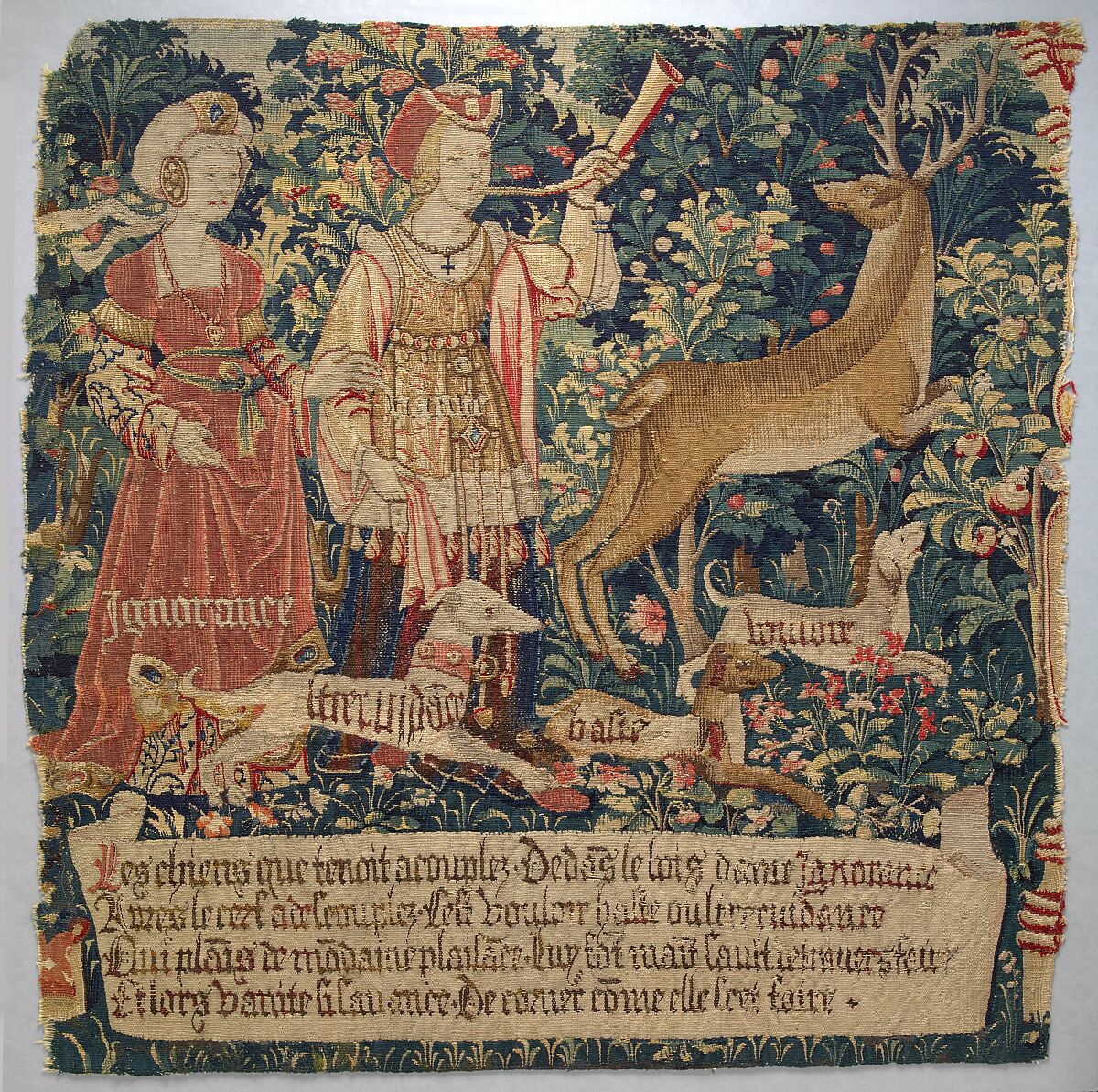 Vanity Sounds the Horn and Ignorance Unleashes the Hounds Overconfidence, Rashness and Desire (from The Hunt of the Frail Stag), Wool warp,  wool and silk wefts, South Netherlandish 