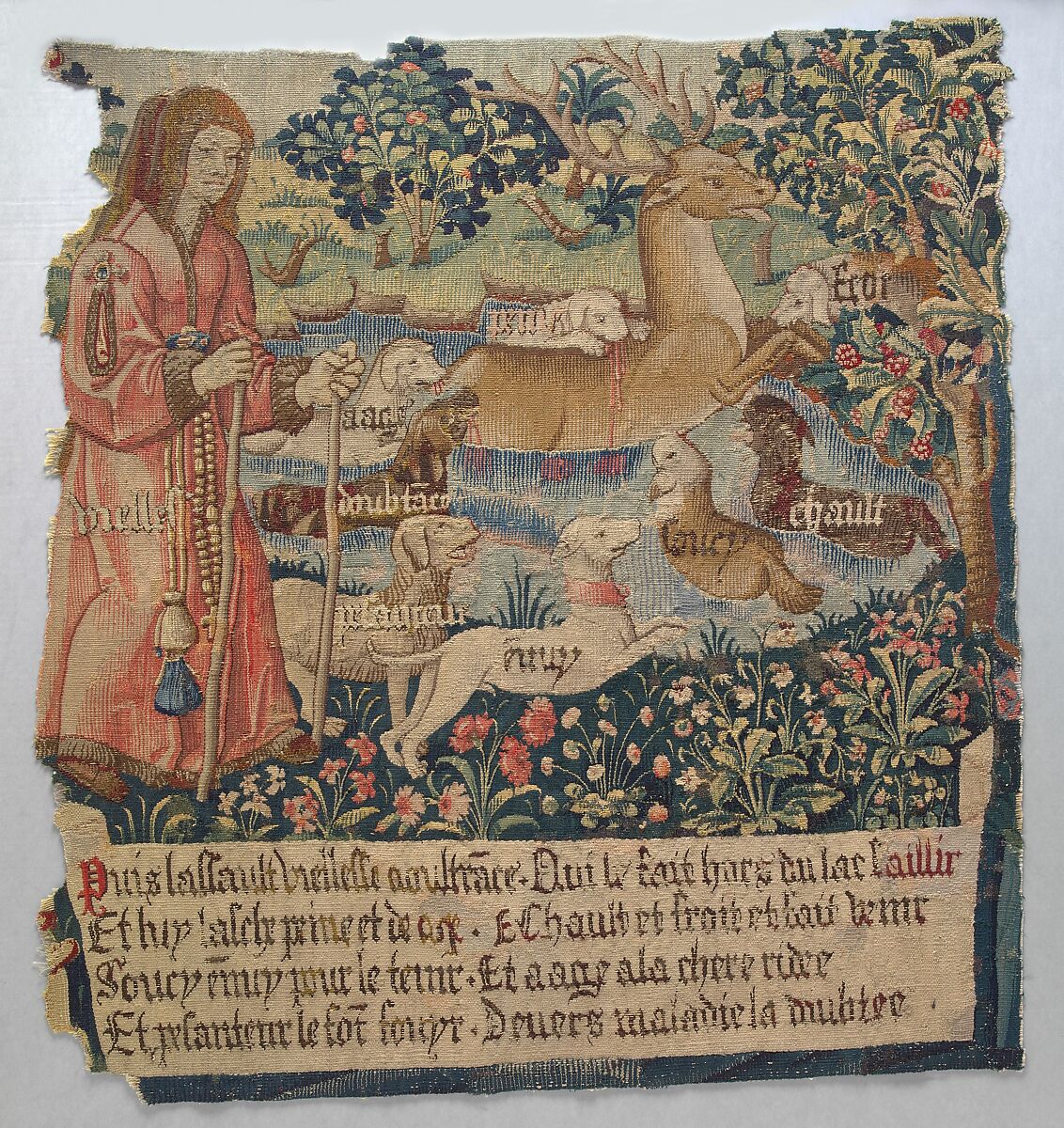 Old Age Drives the Stag out of a Lake and the Hounds Cold, Heat, Anxiety, Vexation, Heaviness, Fear, Age, and Grief Attack Him, (from The Hunt of the Frail Stag), Wool warp,  wool and silk wefts, South Netherlandish 