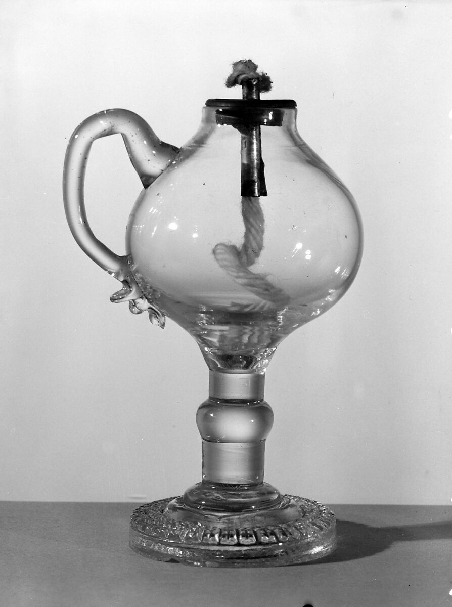 Lamp, Lacy pressed glass, tin, cork, American 