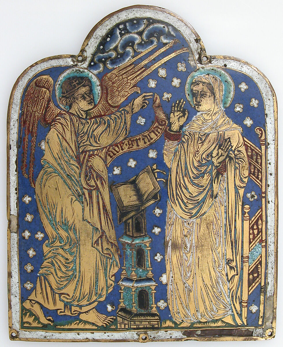 Plaque with The Annunciation, Champlevé enamel, copper-gilt, German