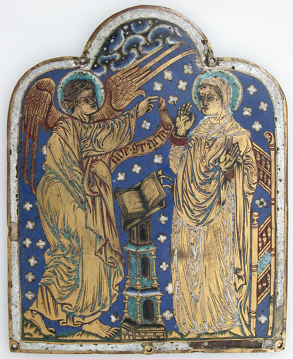 Plaque with The Annunciation, Champlevé enamel, copper-gilt, German 