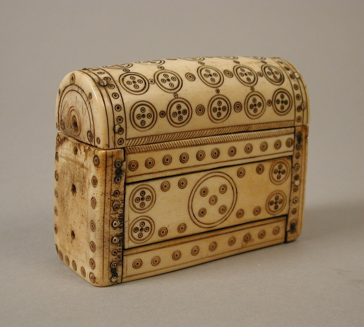 Container for Holy Oils, Bone, with paint and metal pins, Frankish 