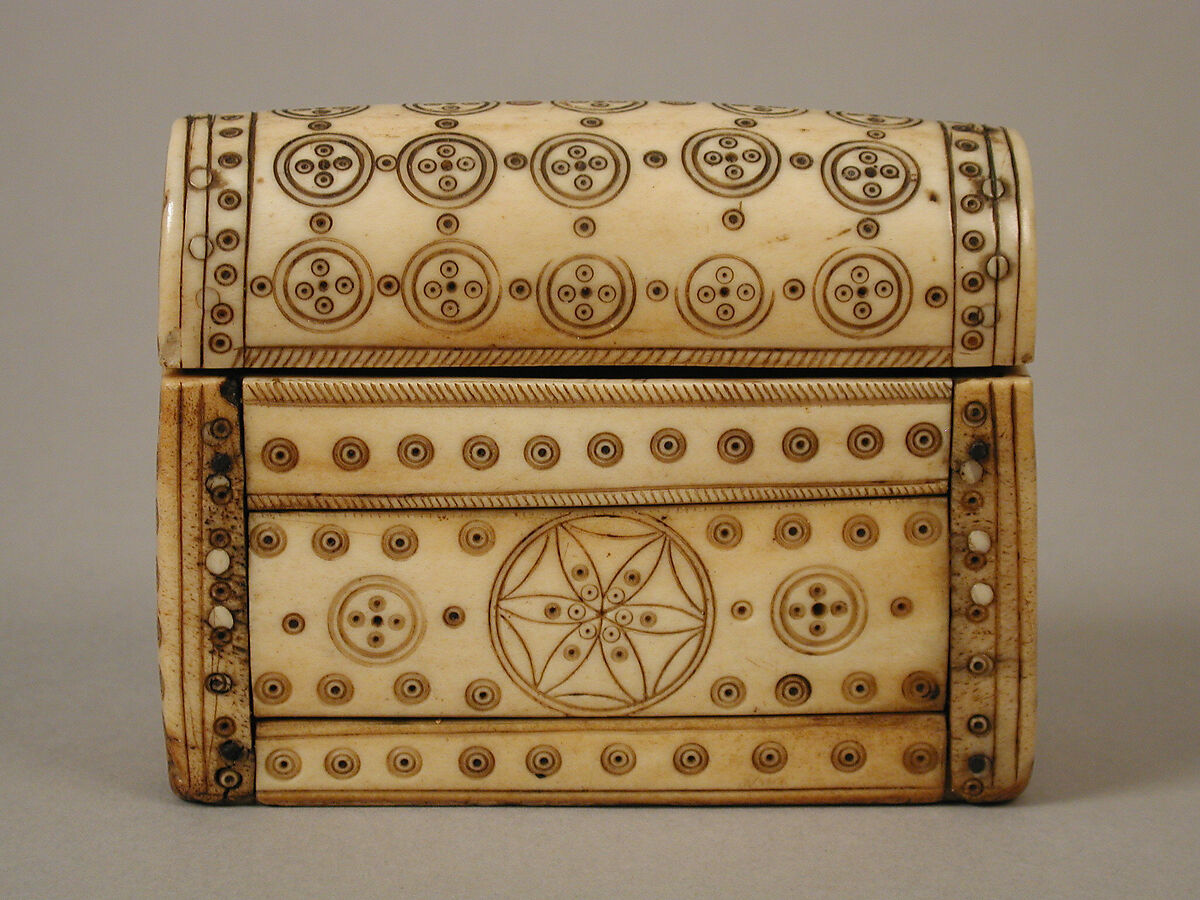 Container for Holy Oils, Bone, with paint and metal pins, Frankish