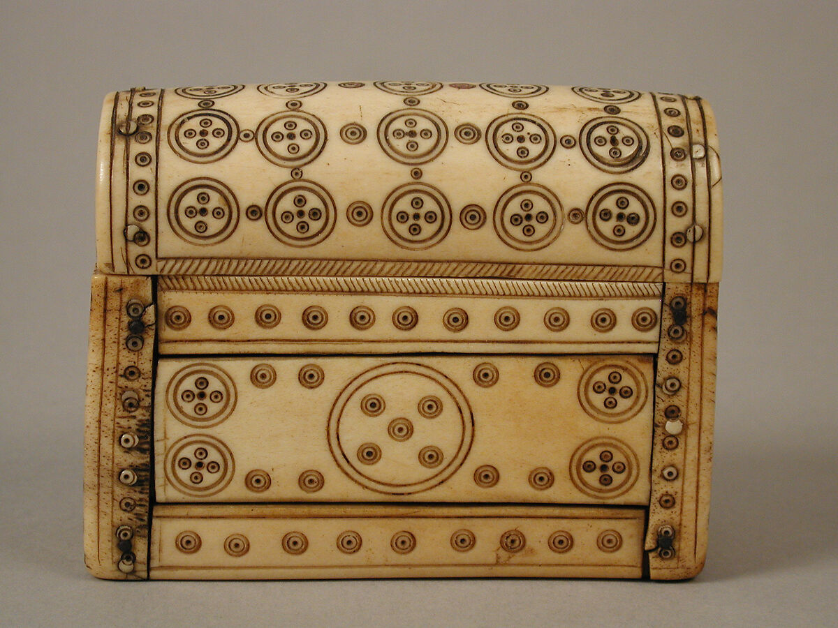 Container for Holy Oils, Bone, with paint and metal pins, Frankish