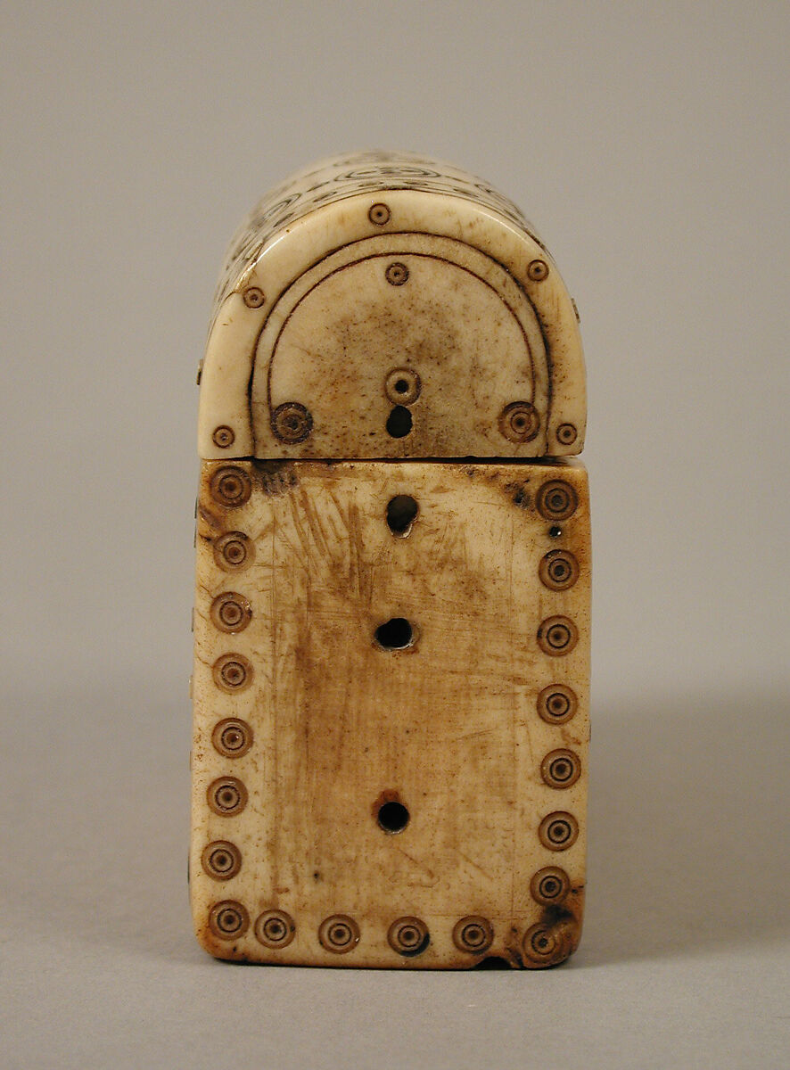 Container for Holy Oils, Bone, with paint and metal pins, Frankish
