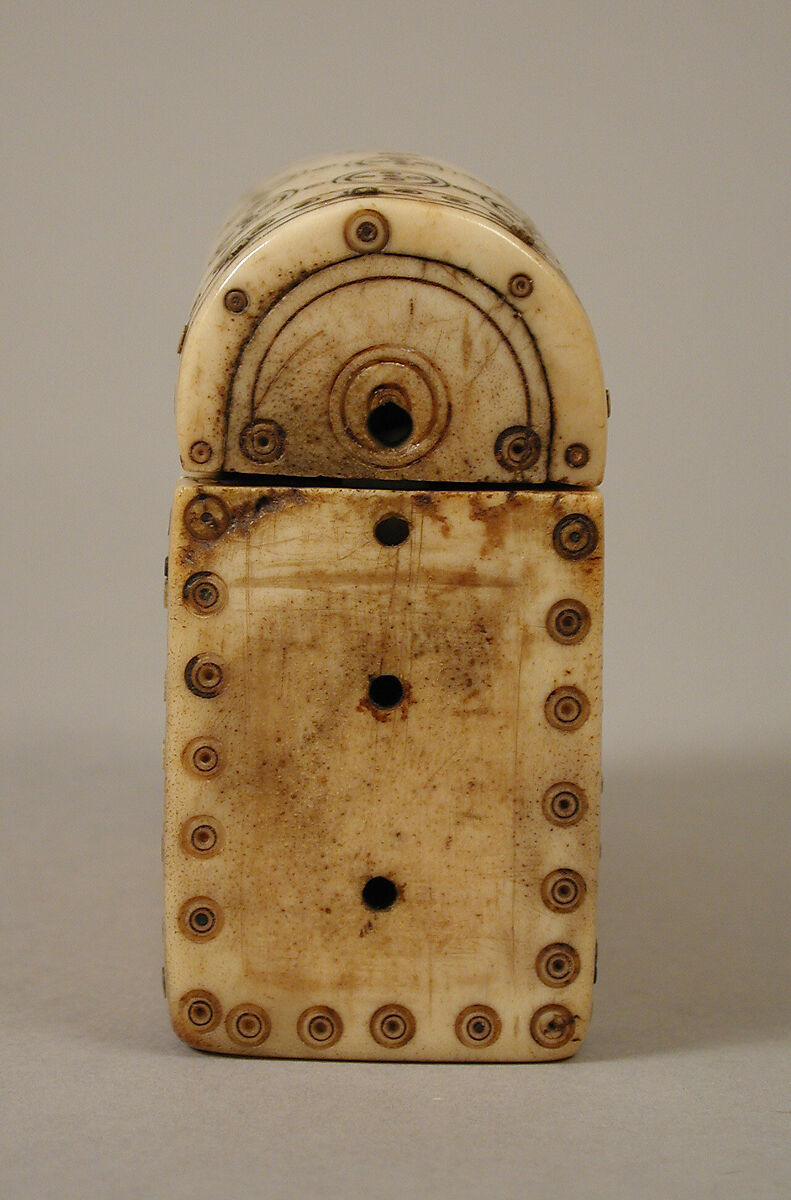 Container for Holy Oils, Bone, with paint and metal pins, Frankish