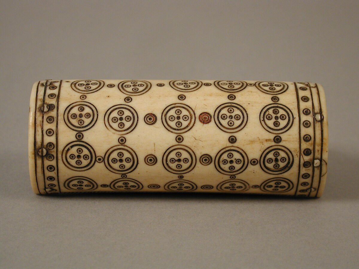 Container for Holy Oils, Bone, with paint and metal pins, Frankish