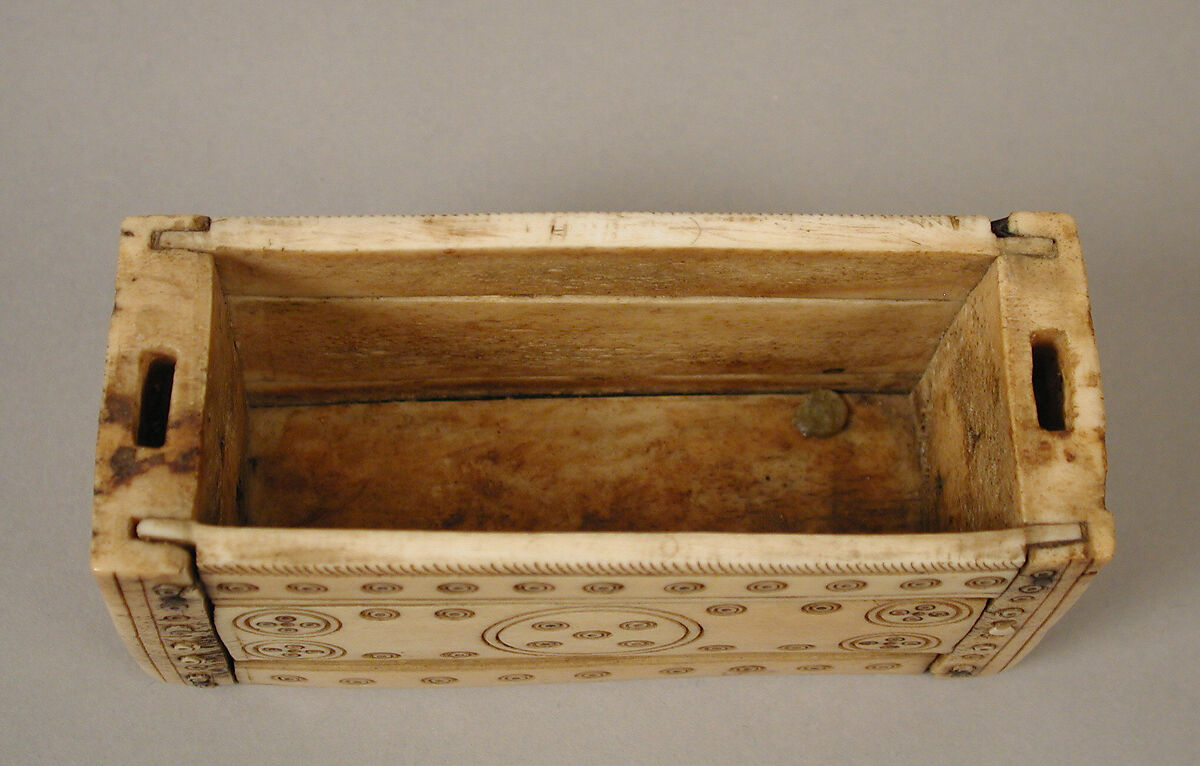 Container for Holy Oils, Bone, with paint and metal pins, Frankish