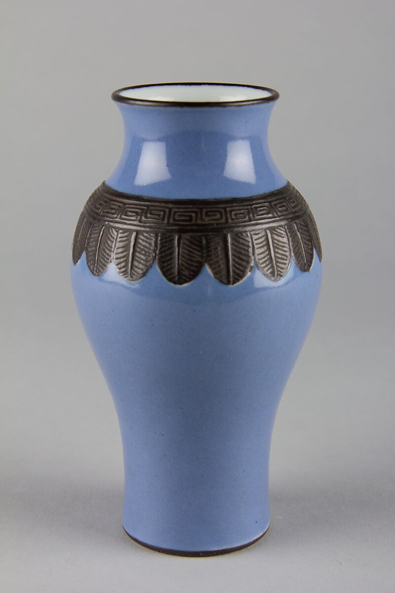 Vase, Porcelain with blue glaze and biscuit relief band representing bronze (Jingdezhen ware), China 
