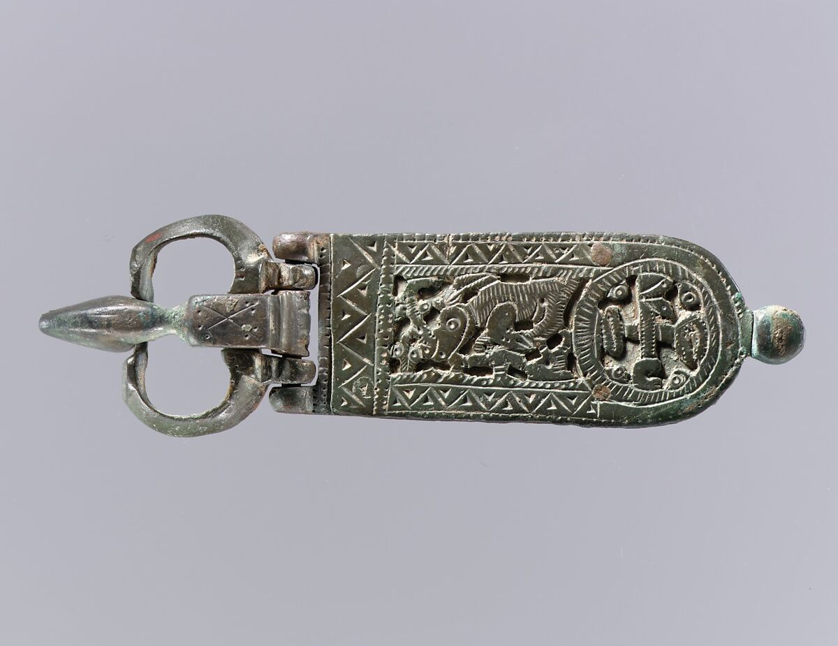 Belt Buckle with Struggling Animals, Copper alloy, with gilding, Visigothic 