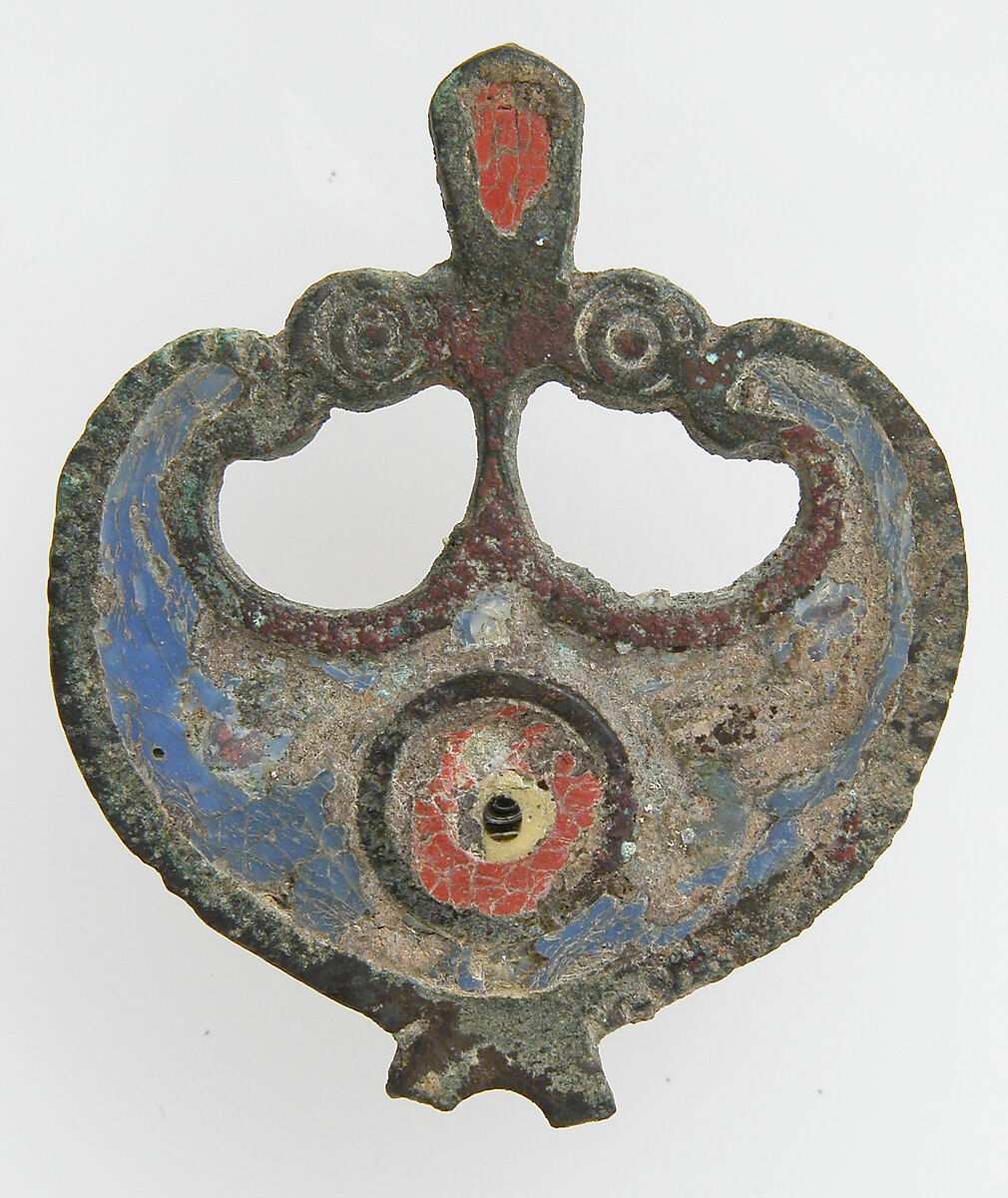 Openwork and Pelta-Shaped Ornament, Champlevé enamel, bronze, Roman 