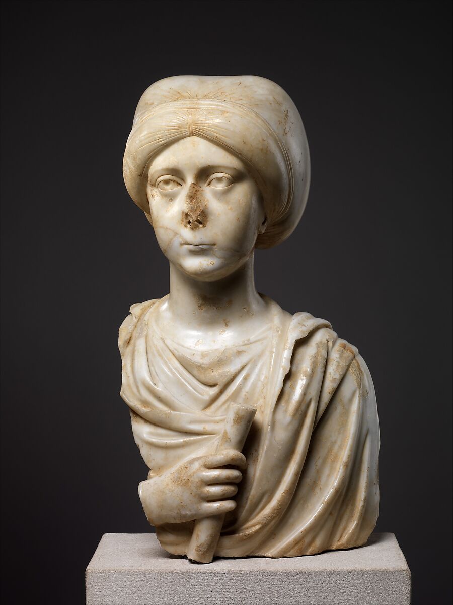 Marble Portrait Bust of a Woman with a Scroll, Pentelic Marble, Byzantine 