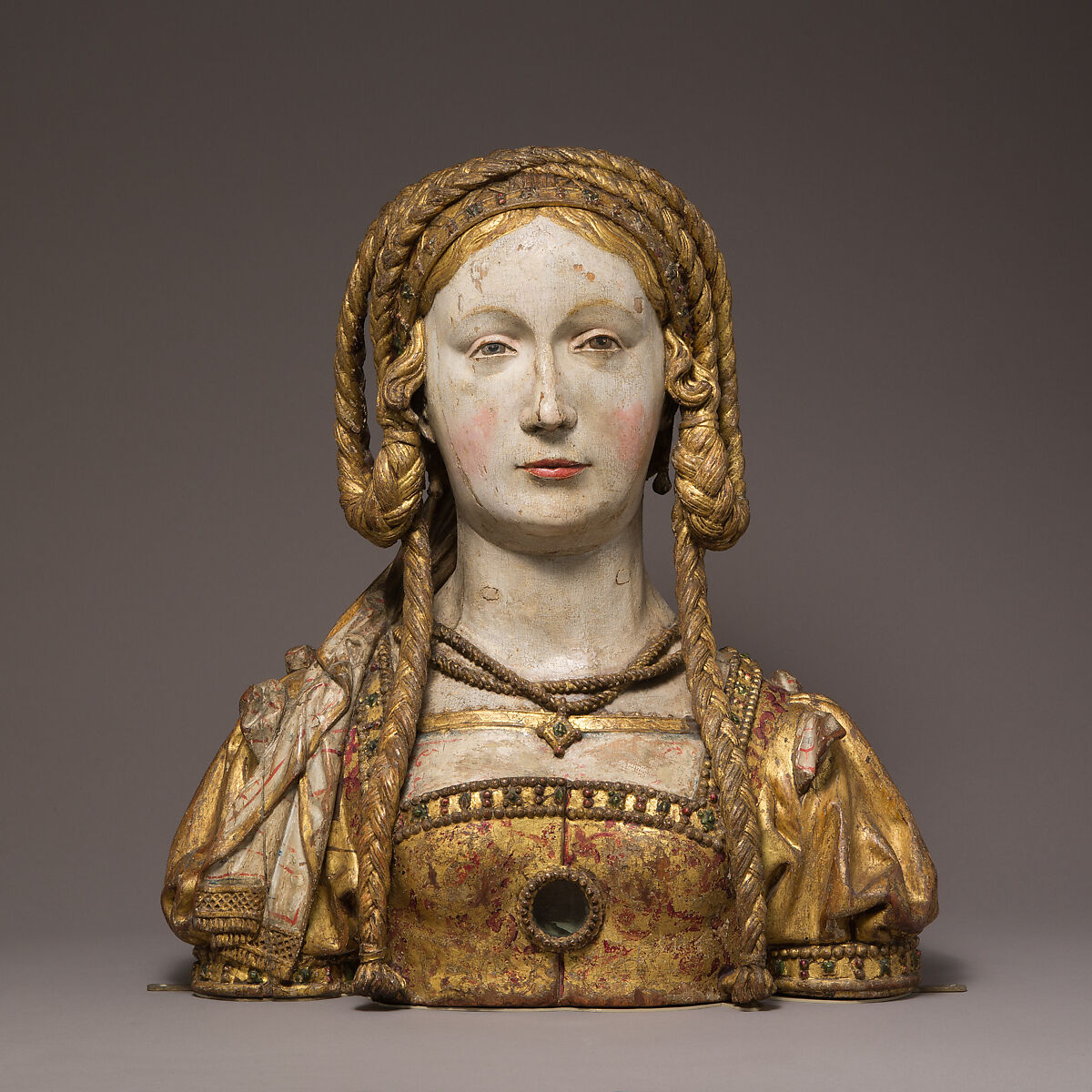 Reliquary Bust of Saint Balbina, Oak, with paint and gilding, and human remains, South Netherlandish 