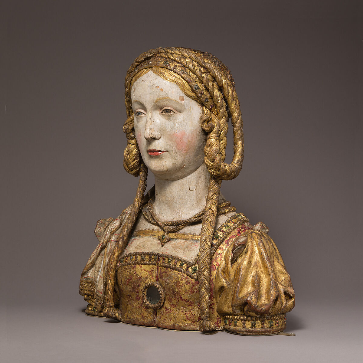 Reliquary Bust of Saint Balbina, Oak, with paint and gilding, and human remains, South Netherlandish