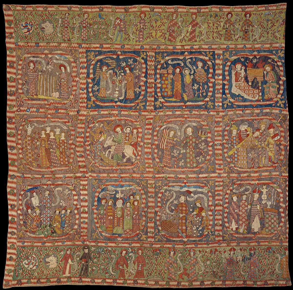 Embroidered Hanging, Silk on linen, painted inscriptions, German 