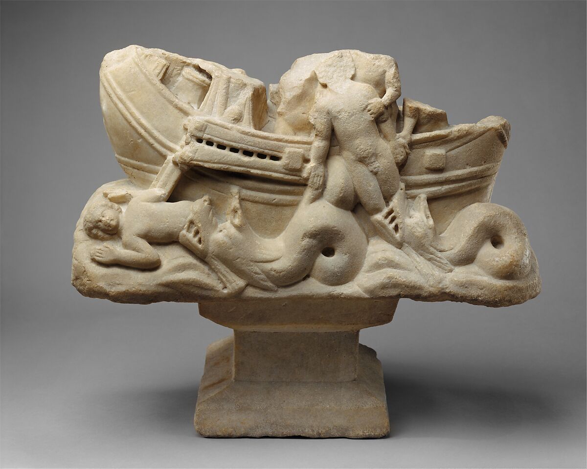 Table Base with Jonah Swallowed and Cast Up by the Big Fish, Marble, white, Roman 