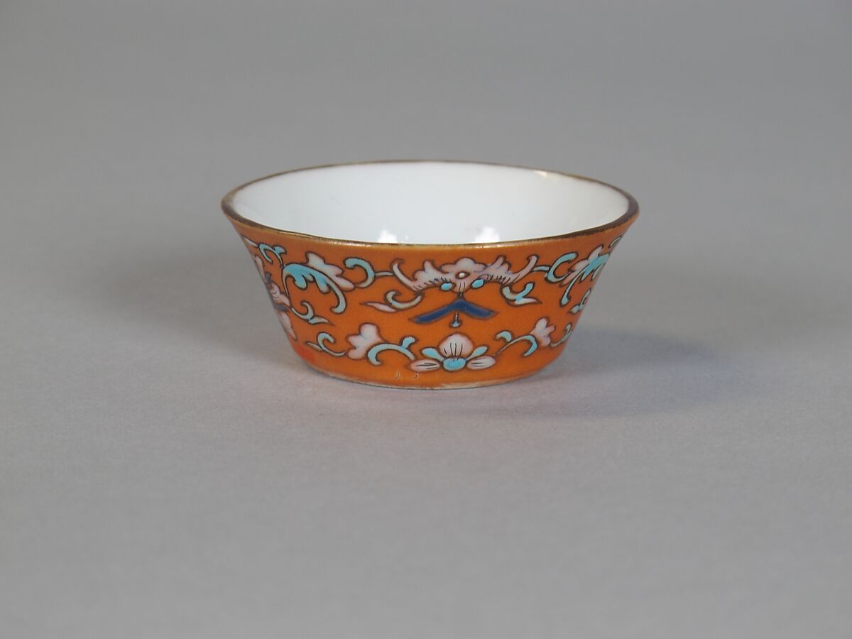 Cup (from a set of eight), Porcelain with iron-red glaze, painted in overglaze polychrome enamels, China
