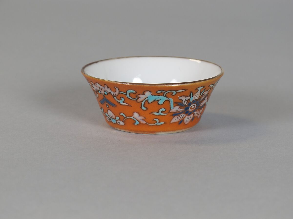 Cup (from a set of eight), Porcelain with iron-red glaze, painted in overglaze polychrome enamels, China