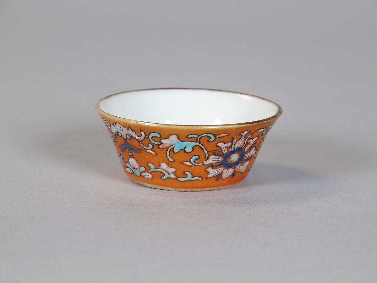 Cup (from a set of eight), Porcelain with iron-red glaze, painted in overglaze polychrome enamels, China