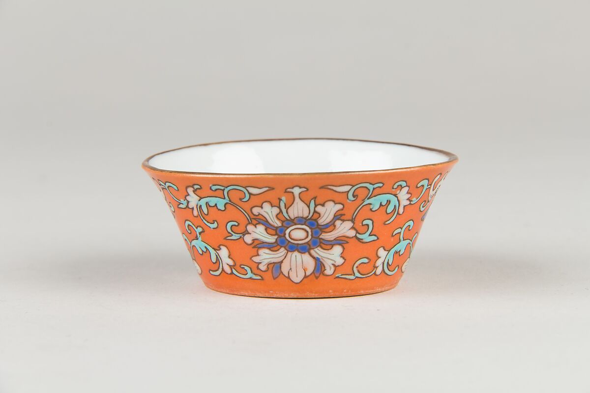 Cup (from a set of eight), Porcelain with iron-red glaze, painted in overglaze polychrome enamels, China