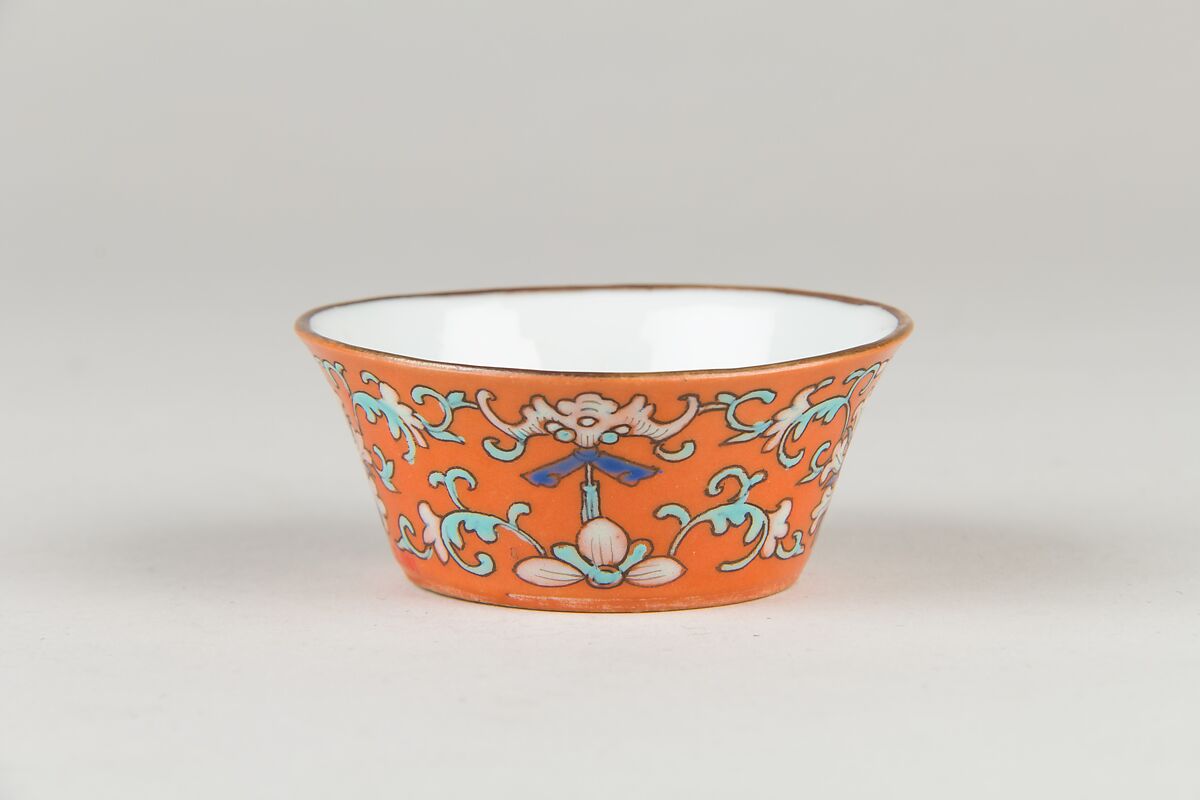Cup (from a set of eight), Porcelain with iron-red glaze, painted in overglaze polychrome enamels, China 