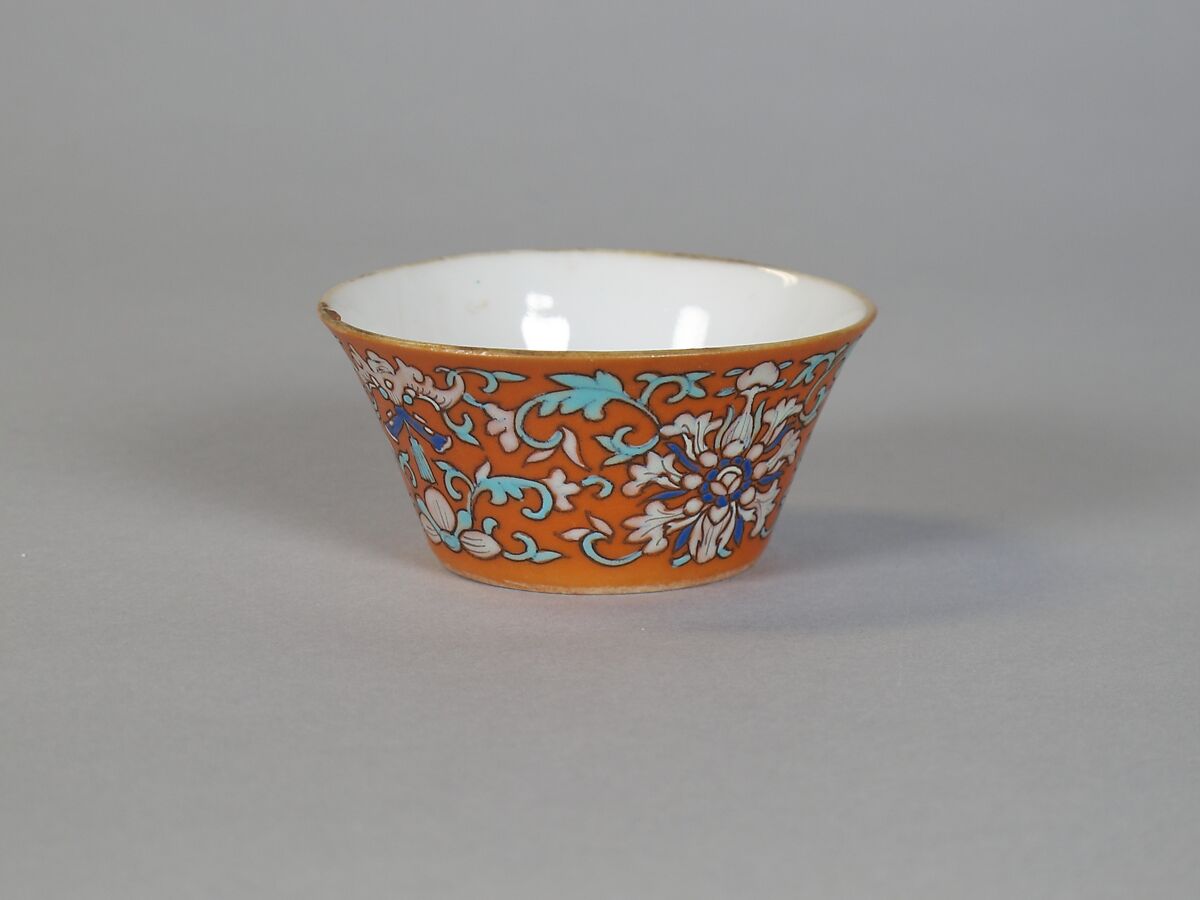 Cup (from a set of eight), Porcelain with iron-red glaze, painted in overglaze polychrome enamels, China
