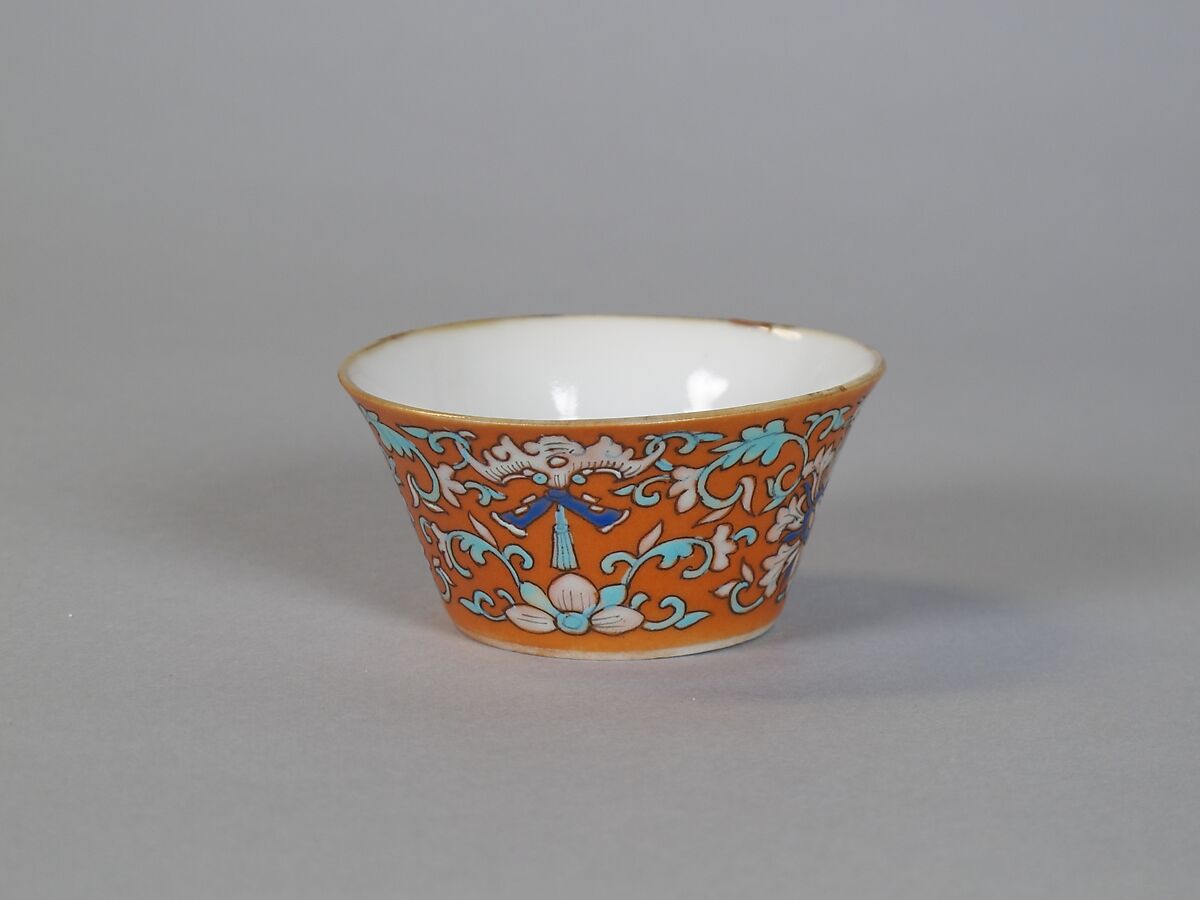 Cup (from a set of eight), Porcelain with iron-red glaze, painted in overglaze polychrome enamels, China