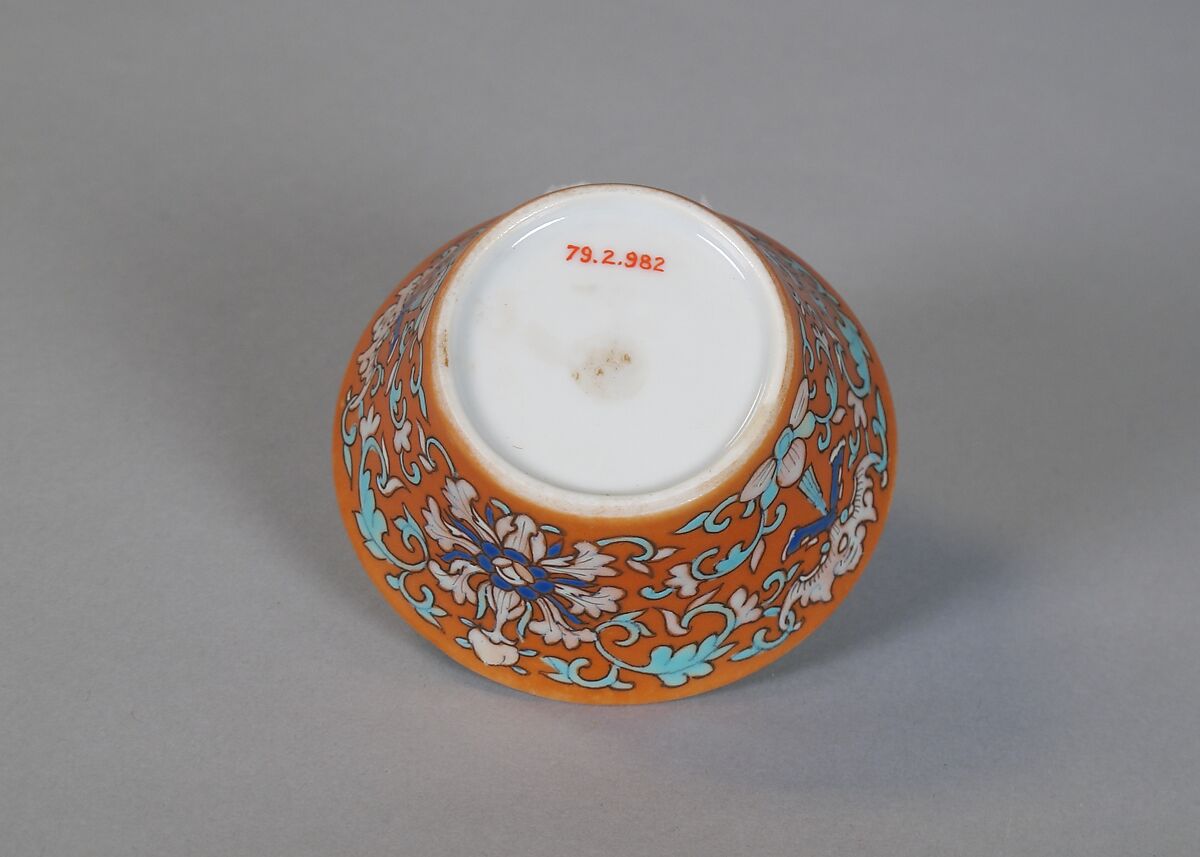 Cup (from a set of eight), Porcelain with iron-red glaze, painted in overglaze polychrome enamels, China