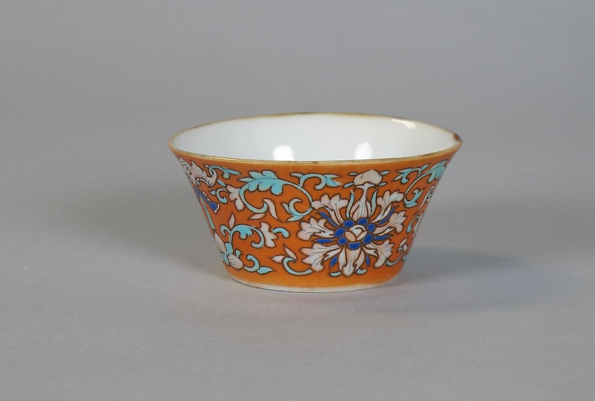 Cup (from a set of eight), Porcelain with iron-red glaze, painted in overglaze polychrome enamels, China