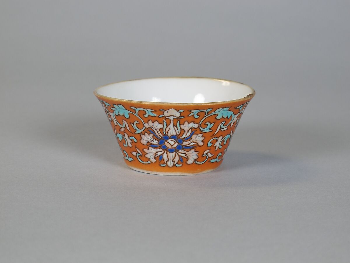 Cup (from a set of eight), Porcelain with iron-red glaze, painted in overglaze polychrome enamels, China 