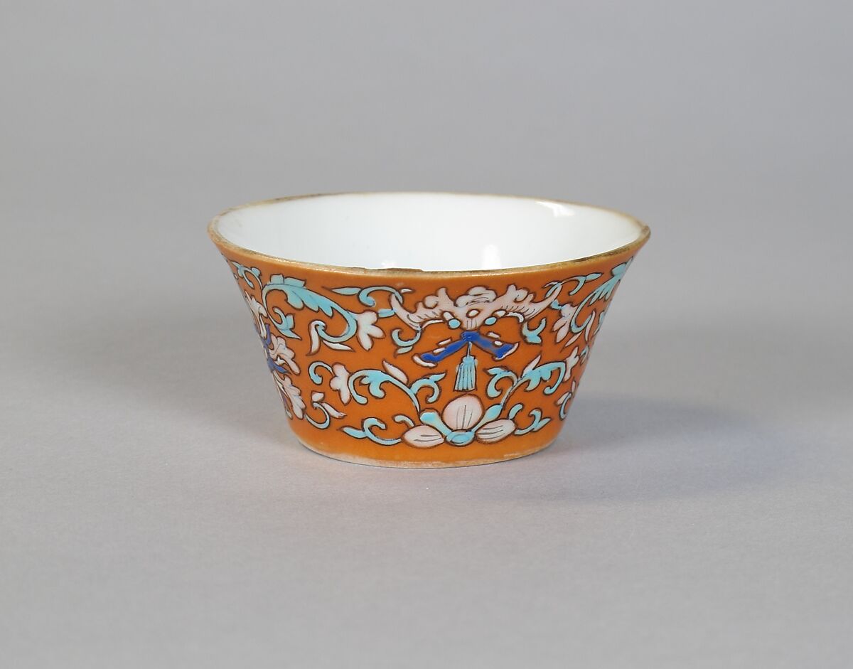Cup (from a set of eight), Porcelain with iron-red glaze, painted in overglaze polychrome enamels, China