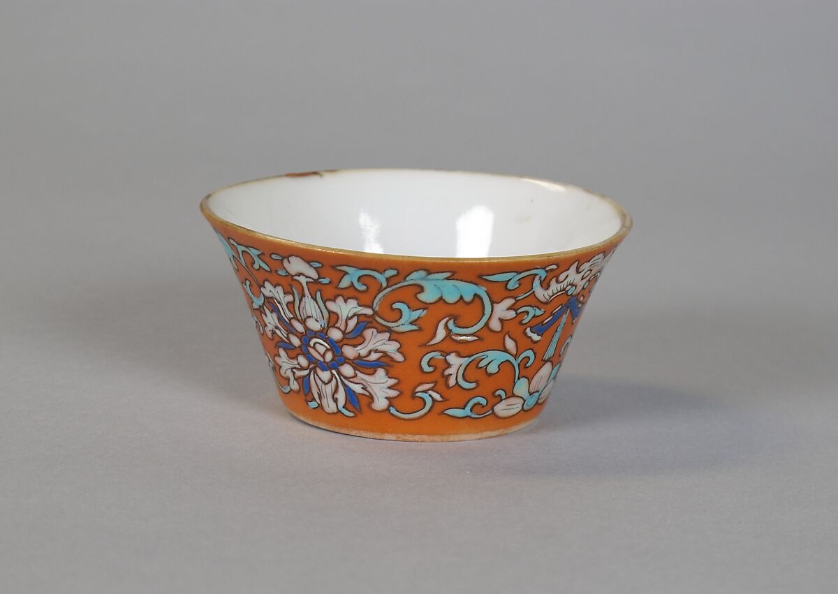 Cup (from a set of eight), Porcelain with iron-red glaze, painted in overglaze polychrome enamels, China