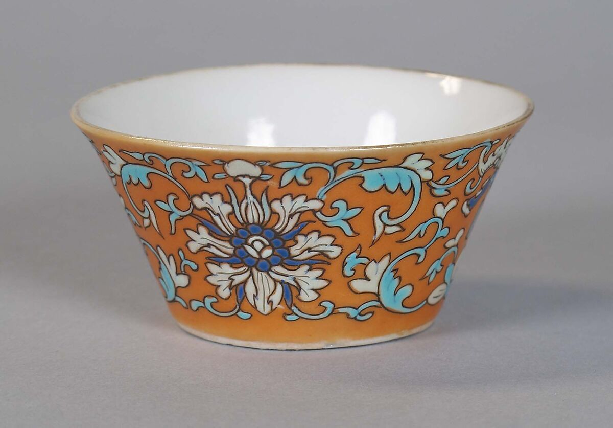 Cup (from a set of eight), Porcelain with iron-red glaze, painted in overglaze polychrome enamels, China
