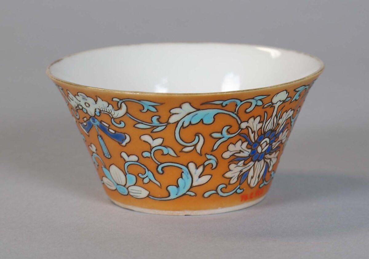 Cup (from a set of eight), Porcelain with iron-red glaze, painted in overglaze polychrome enamels, China