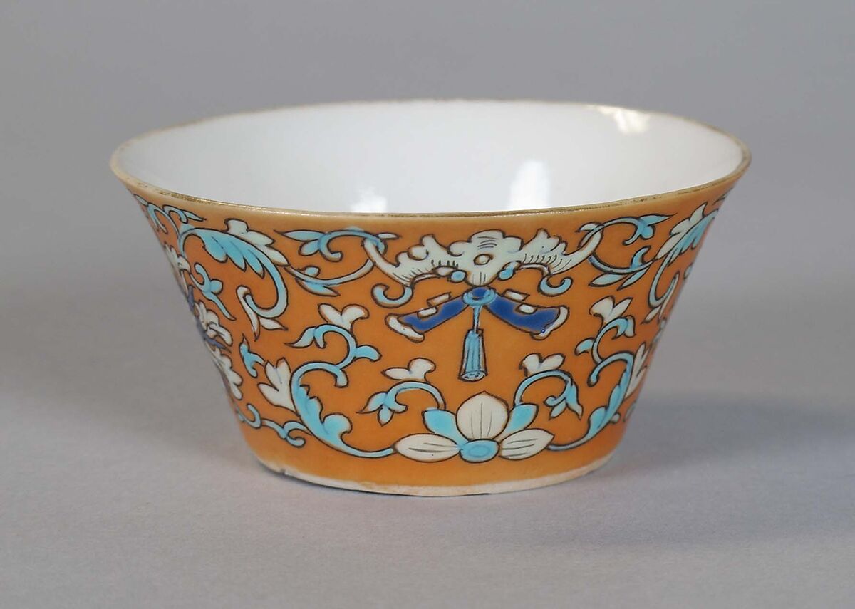 Cup (from a set of eight), Porcelain with iron-red glaze, painted in overglaze polychrome enamels, China