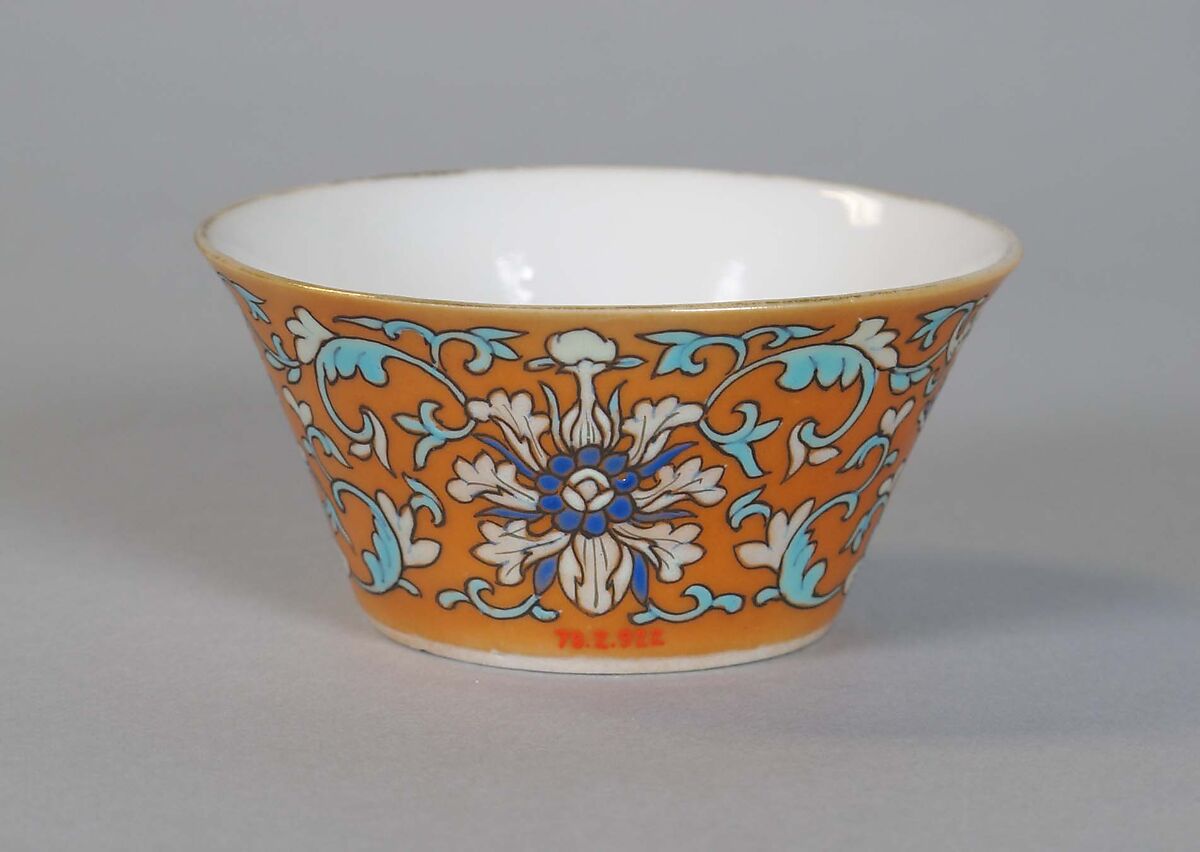 Cup (from a set of eight), Porcelain with iron-red glaze, painted in overglaze polychrome enamels, China 