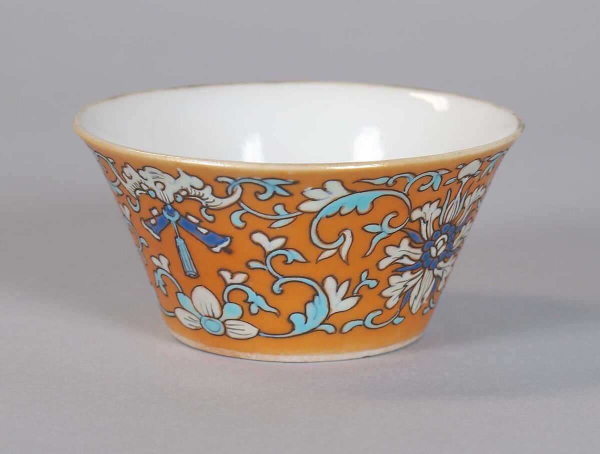 Cup (from a set of eight), Porcelain with iron-red glaze, painted in overglaze polychrome enamels, China