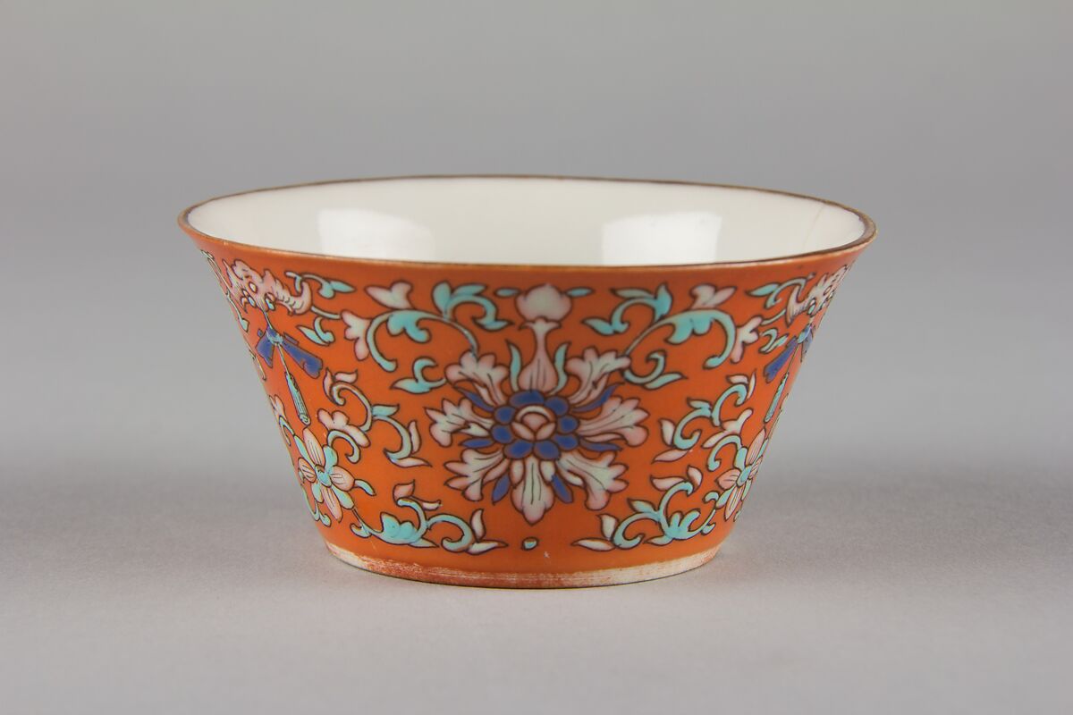 Cup (from a set of eight), Porcelain with iron-red glaze, painted in overglaze polychrome enamels, China 