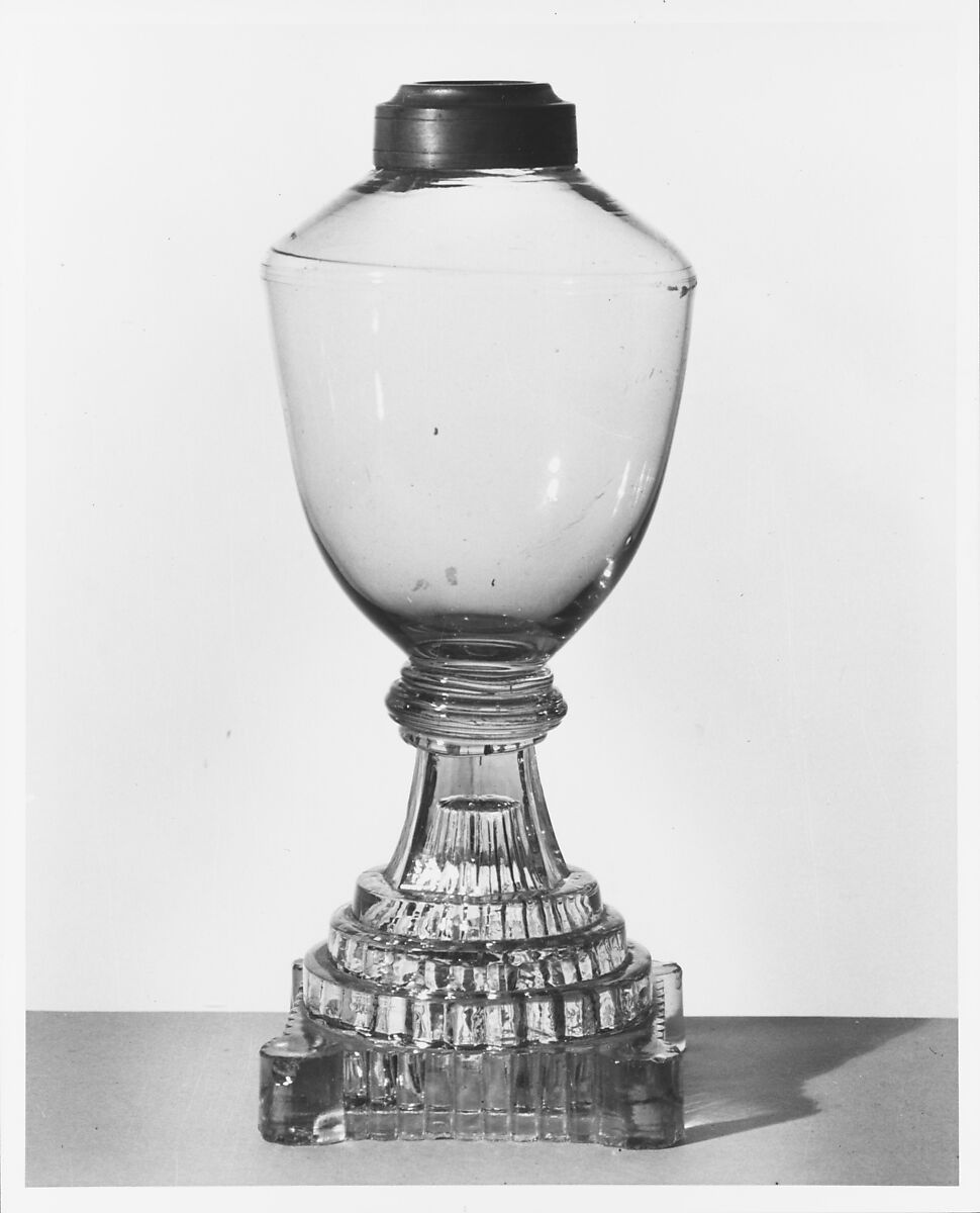 Lamp, Lacy pressed aquamarine glass, American 