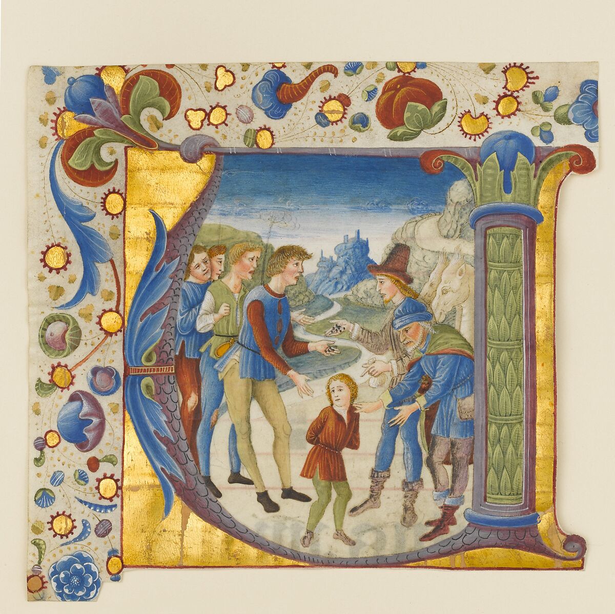 Manuscript Illumination with Joseph Sold by His Brothers in an Initial V, from an Antiphonary, Giovanni Pietro da Cemmo (Italian, active 1474–1507), Tempera, ink and gold on parchment; leather binding, Italian 