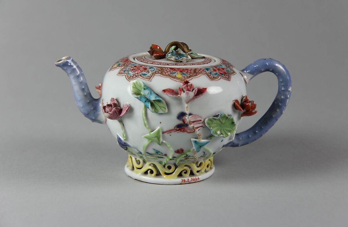 Teapot with lotus, Porcelain with relief decoration and painted in overglaze polychrome enamels (Jingdezhen ware), China 