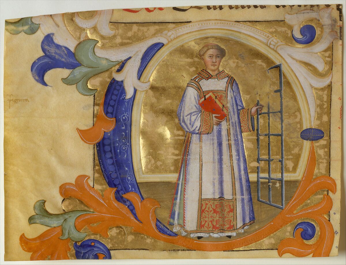 Manuscript Illumination with Saint Lawrence in an Initial C, from a Gradual, Don Simone Camaldolese (Italian, active Florence, 1375–98), Tempera, ink and gold on parchment, Italian 